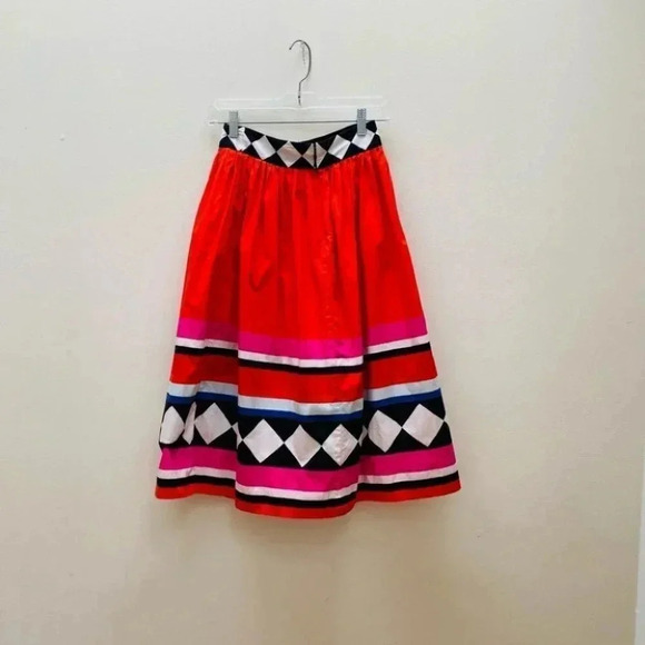 Kate Spade - Red Multi Haute Stuff Geo Border Poplin A-line Midi Skirt - Picture 7 of 9